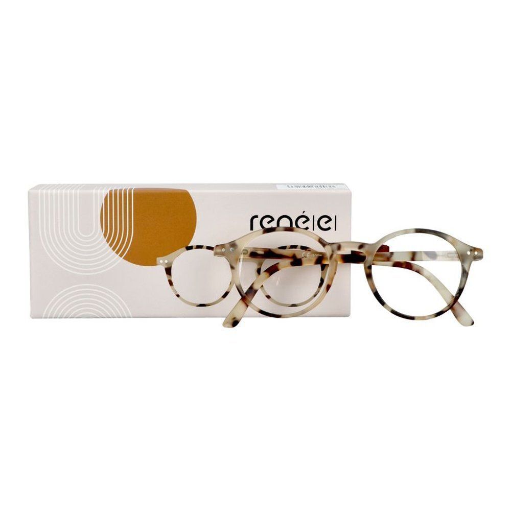 Lunettes de lecture à motif écaille de tortue avec verres ronds à côté de leur boîte.