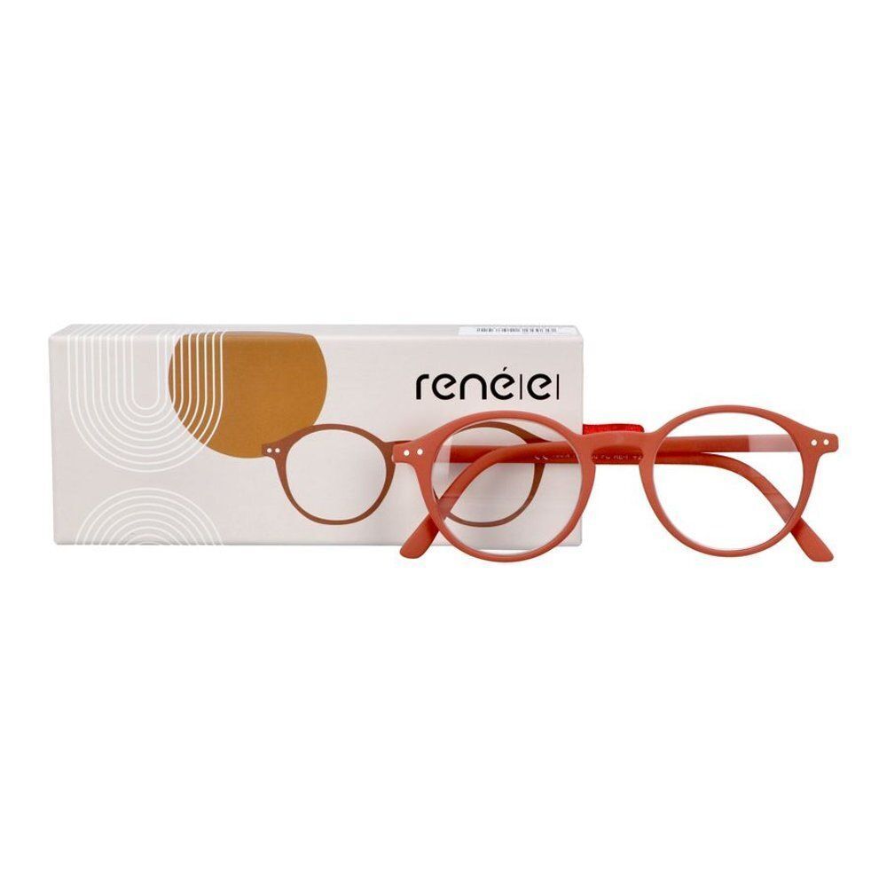 Une paire de lunettes de lecture rouges à verres ronds et son emballage.