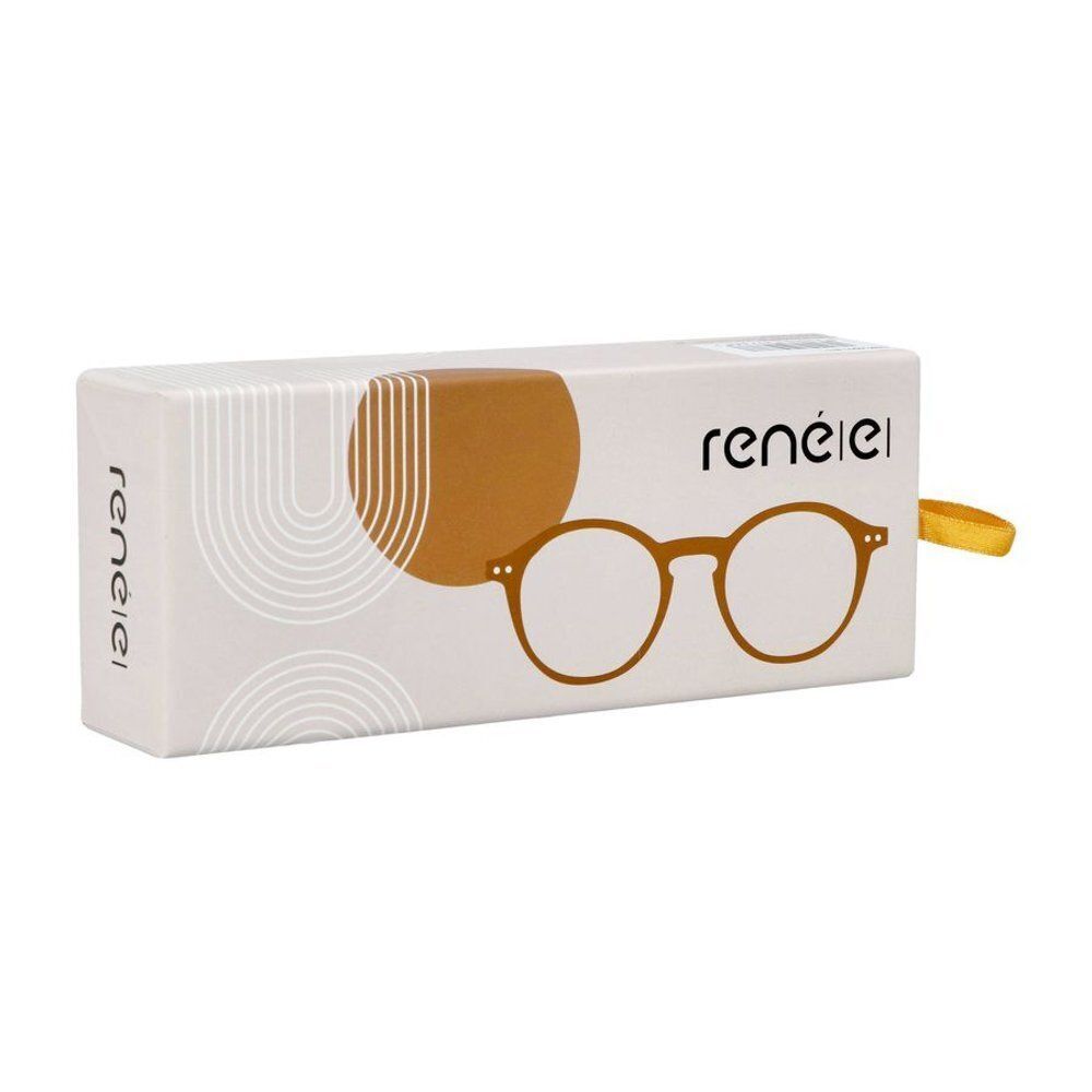 Une boîte de lunettes orange avec logo de marque et illustration de lunettes.