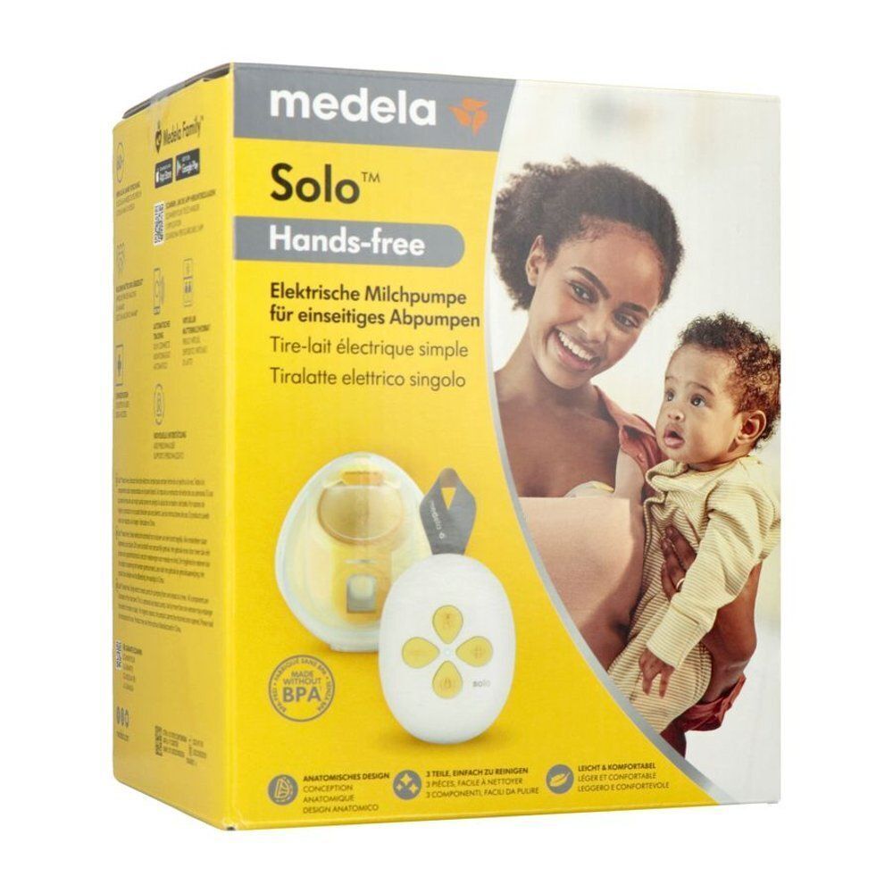 Medela Solo handsfree elektrische borstkolf verpakking met moeder en baby.