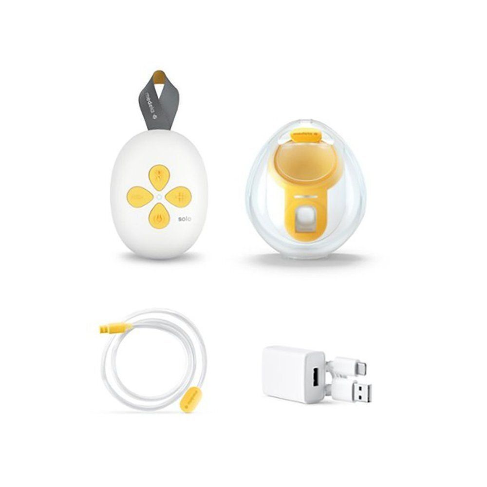 Een witte, ovale borstkolfcontroller met gele knoppen, een gele borstkolfbeker, een witte kabel en een witte USB-adapter.
