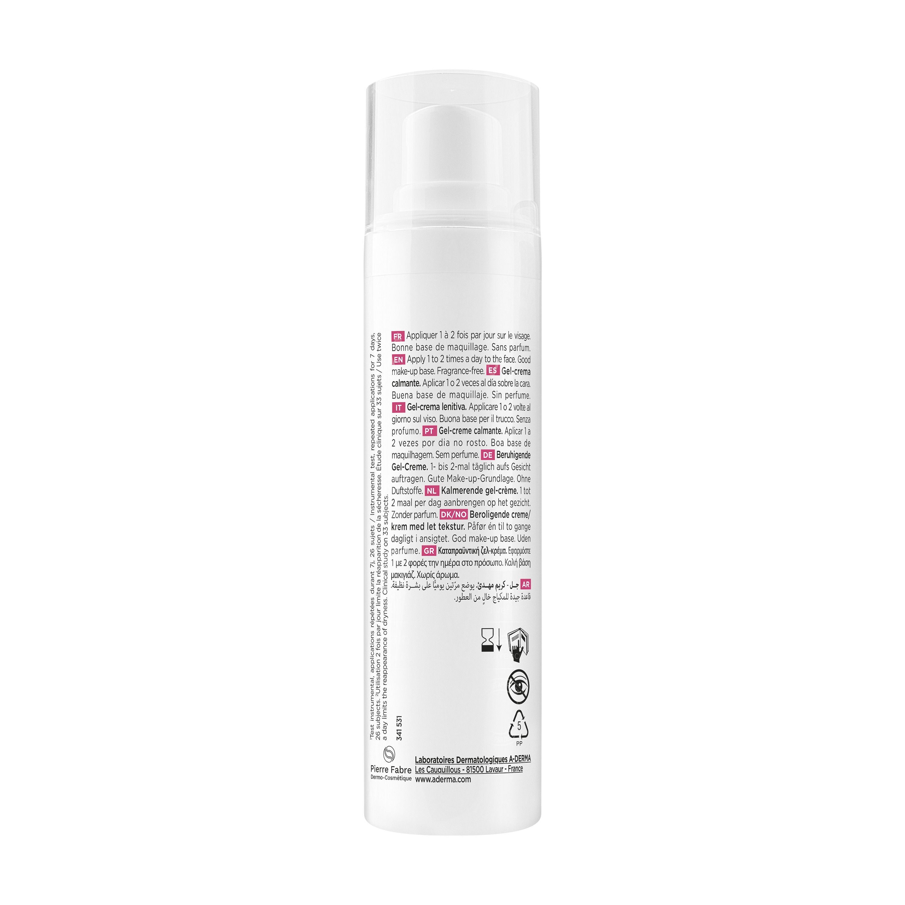 Achterkant van een A-Derma Exomega gel-crème flacon met instructies.