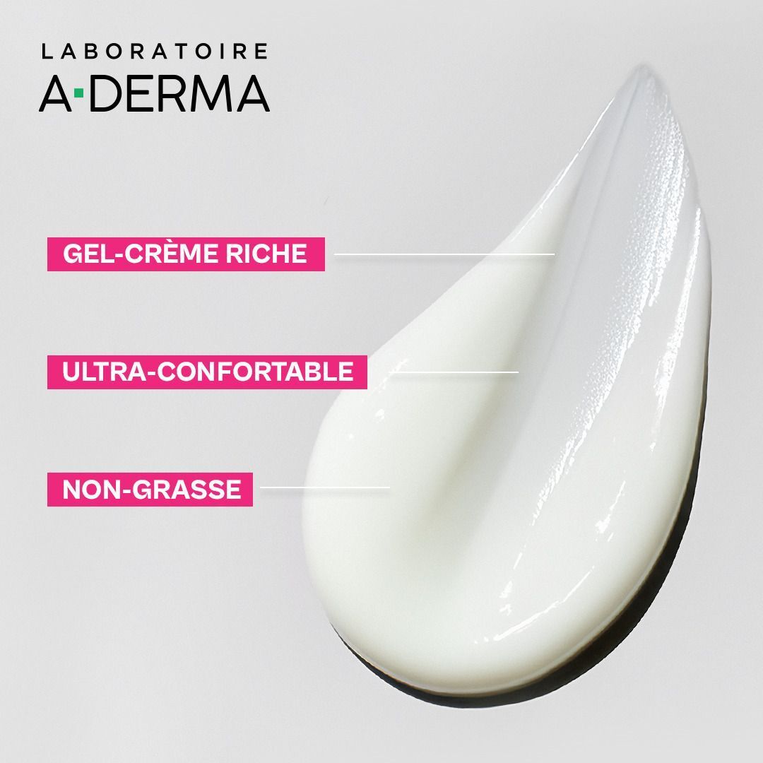 Échantillon de texture de Gel-crème A-Derma Exomega avec étiquettes.