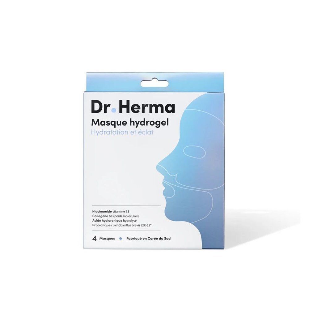 Emballage du masque hydrogel Dr. Herma avec illustration de visage et informations produit.