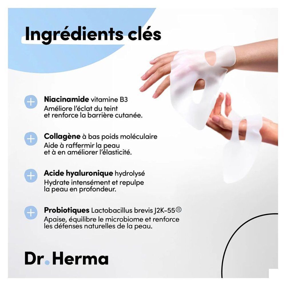 Deux masques hydrogel Dr. Herma présentés sur des mains, avec liste des ingrédients clés.