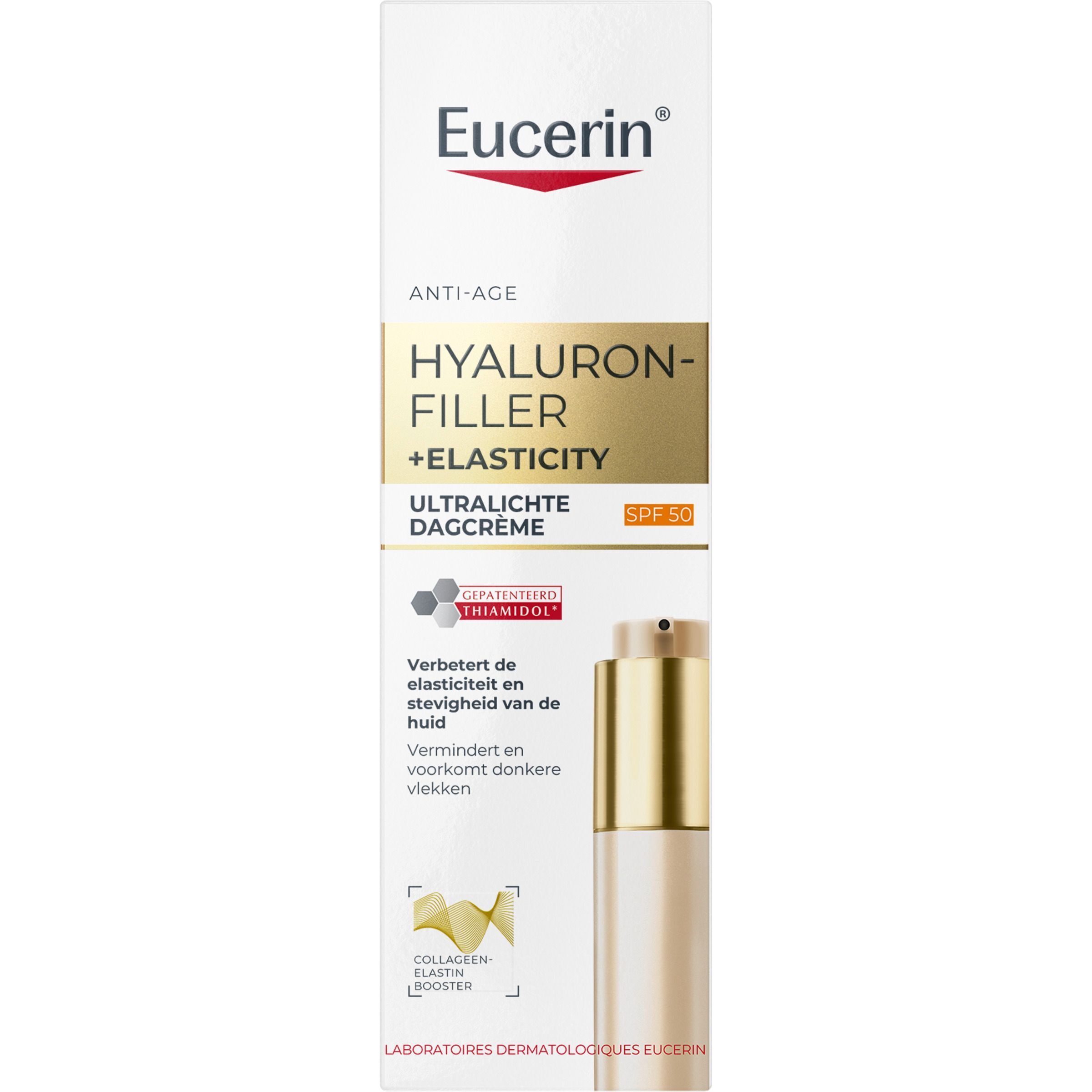 Eucerin Hyaluron-Filler+ Elasticity dagcrème pompflesje met SPF 50.