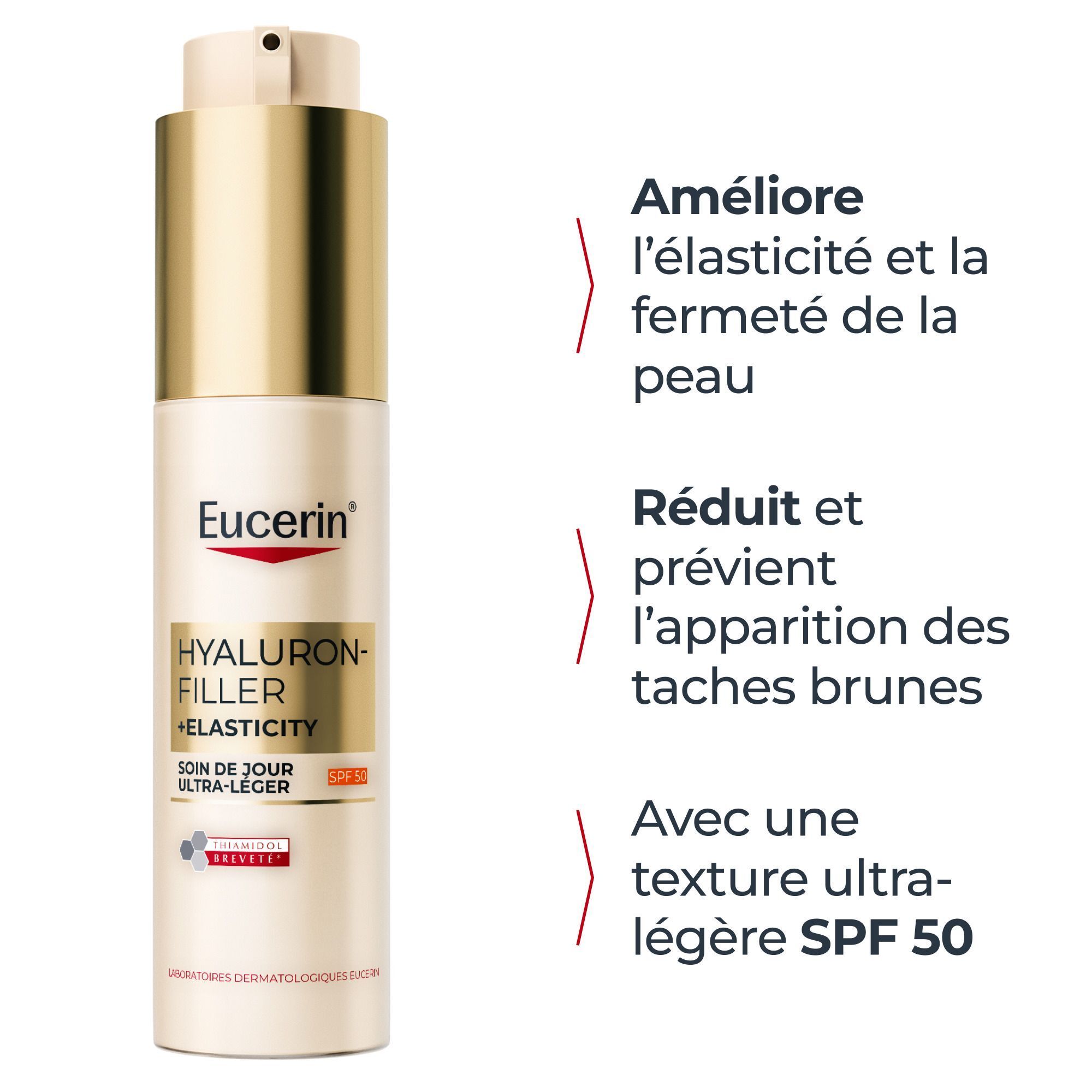 Flacon pompe de Soin de jour Eucerin Hyaluron-Filler+ Elasticity et ses bénéfices.