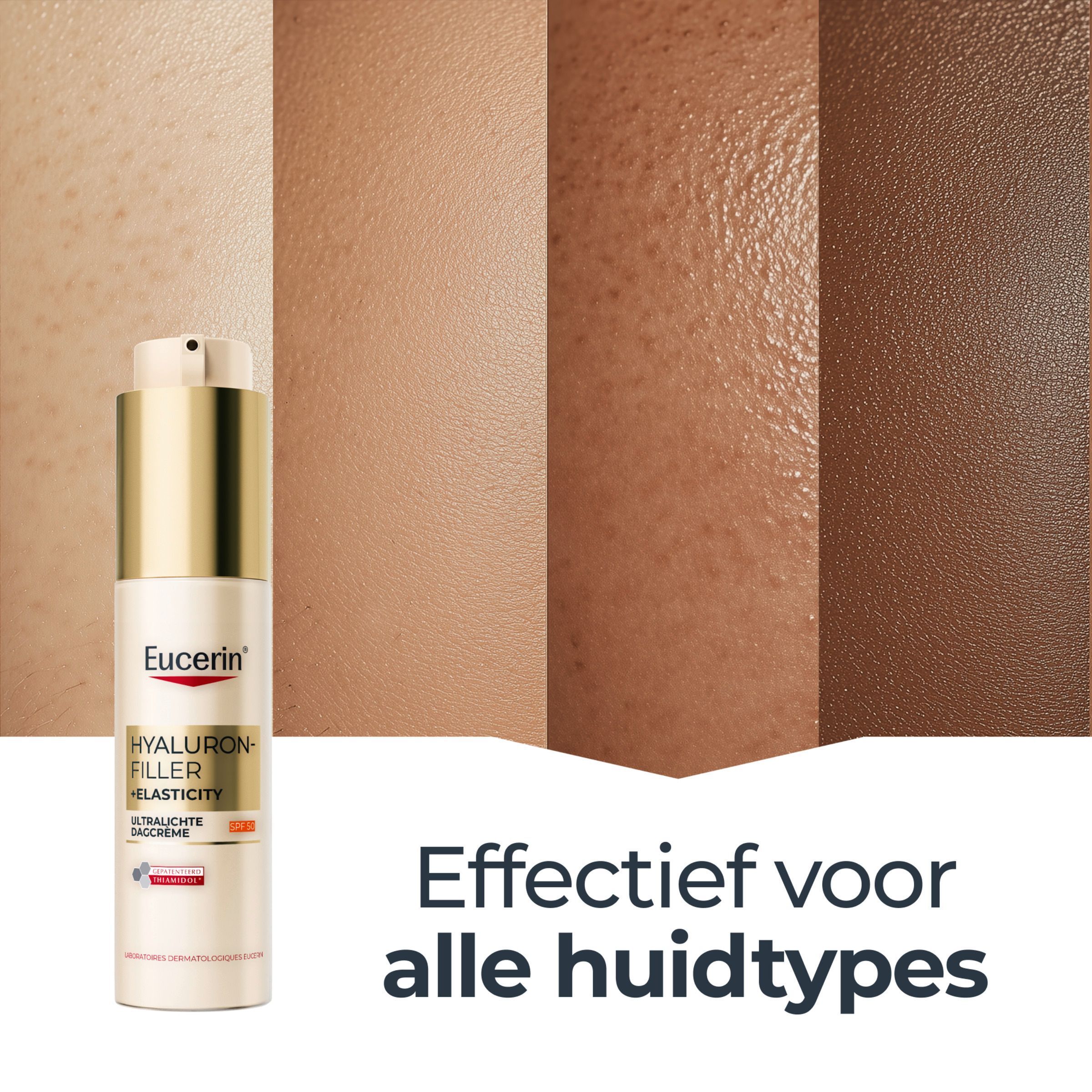 Eucerin Hyaluron-Filler+ Elasticity dagcrème pompflesje op huidtypen achtergrond.