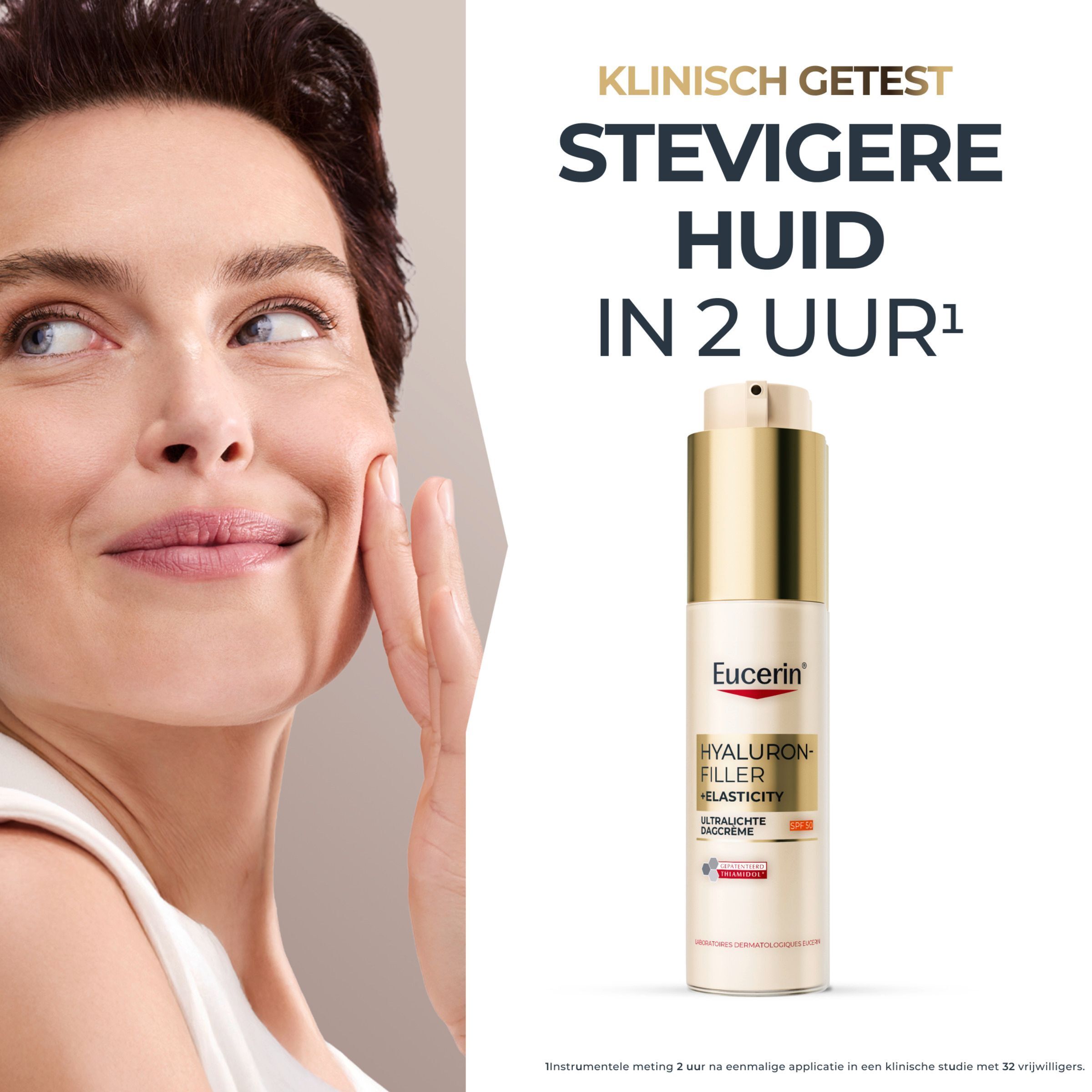 Vrouw met stevigere huid na gebruik van Eucerin Hyaluron-Filler+ Elasticity dagcrème.