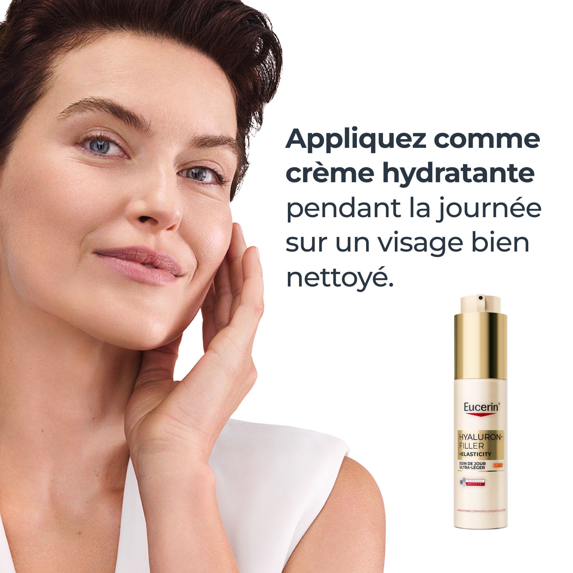 Instruction d'application du Soin de jour Eucerin Hyaluron-Filler+ Elasticity.