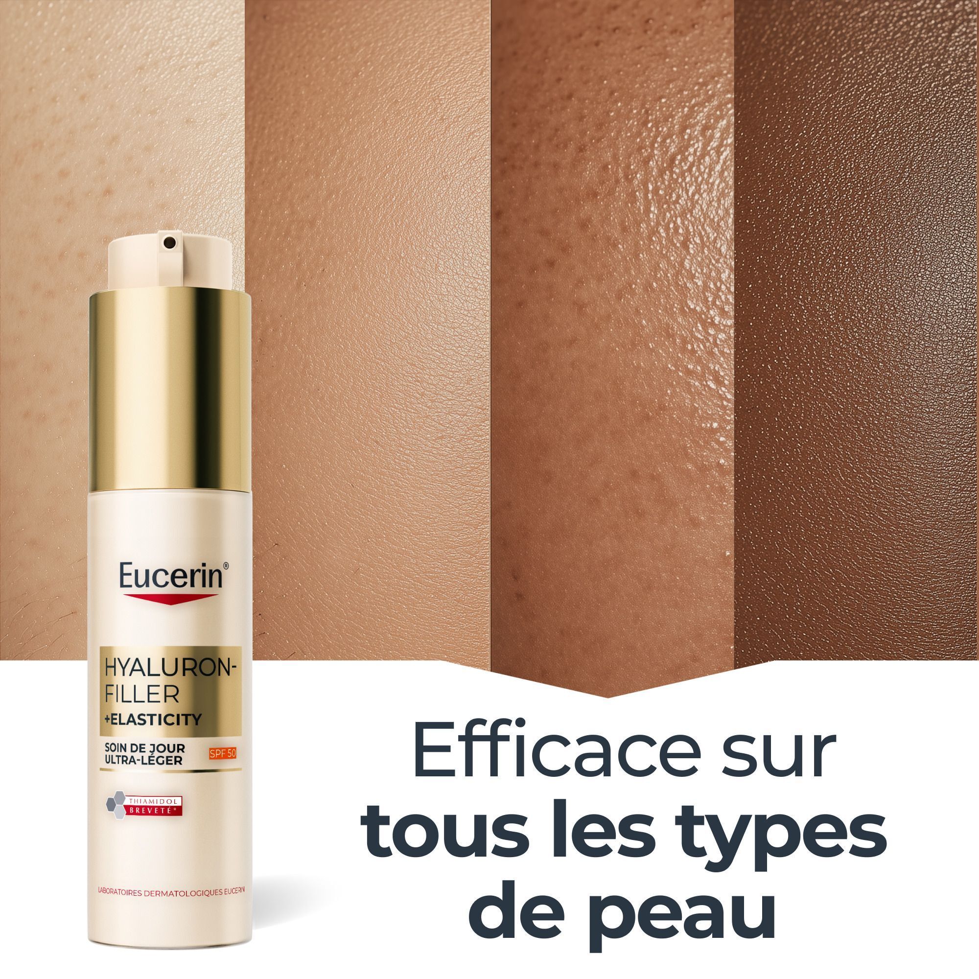 Soin de jour Eucerin Hyaluron-Filler+ Elasticity SPF 50 sur fond de types de peau.