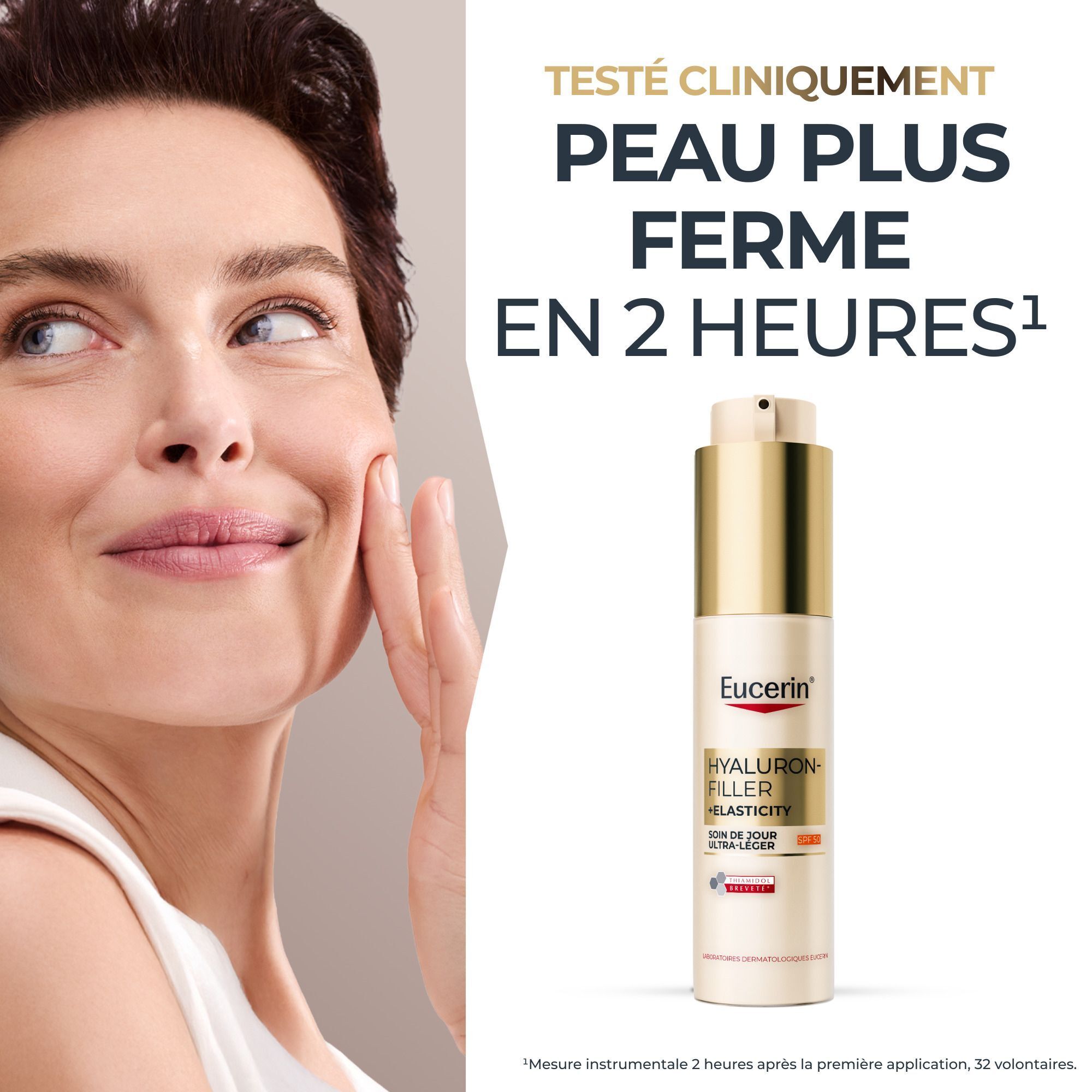 Femme avec le soin de jour Eucerin Hyaluron-Filler+ Elasticity SPF 50.