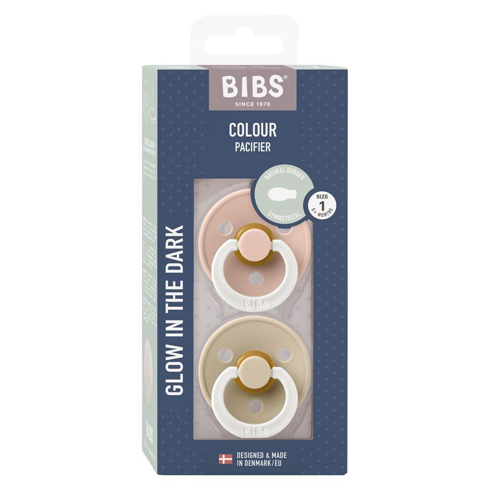 BIBS verpakking met twee symmetrische spenen, maat 1, roze en beige, "Glow in the Dark".