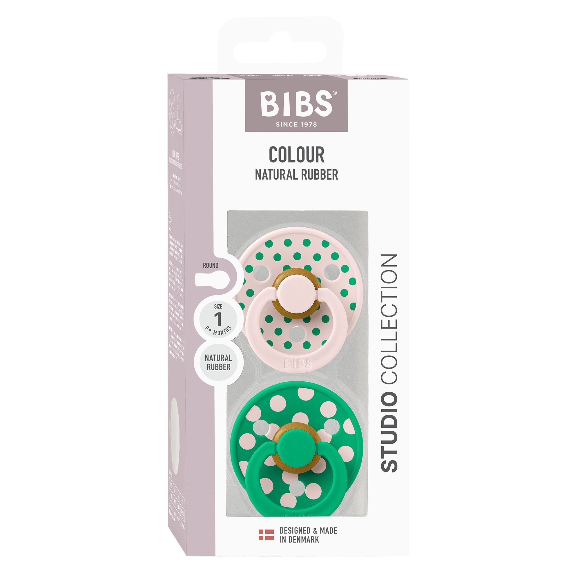 Twee BIBS Colour spenen, roze en bruin met witte stippen, maat 1.