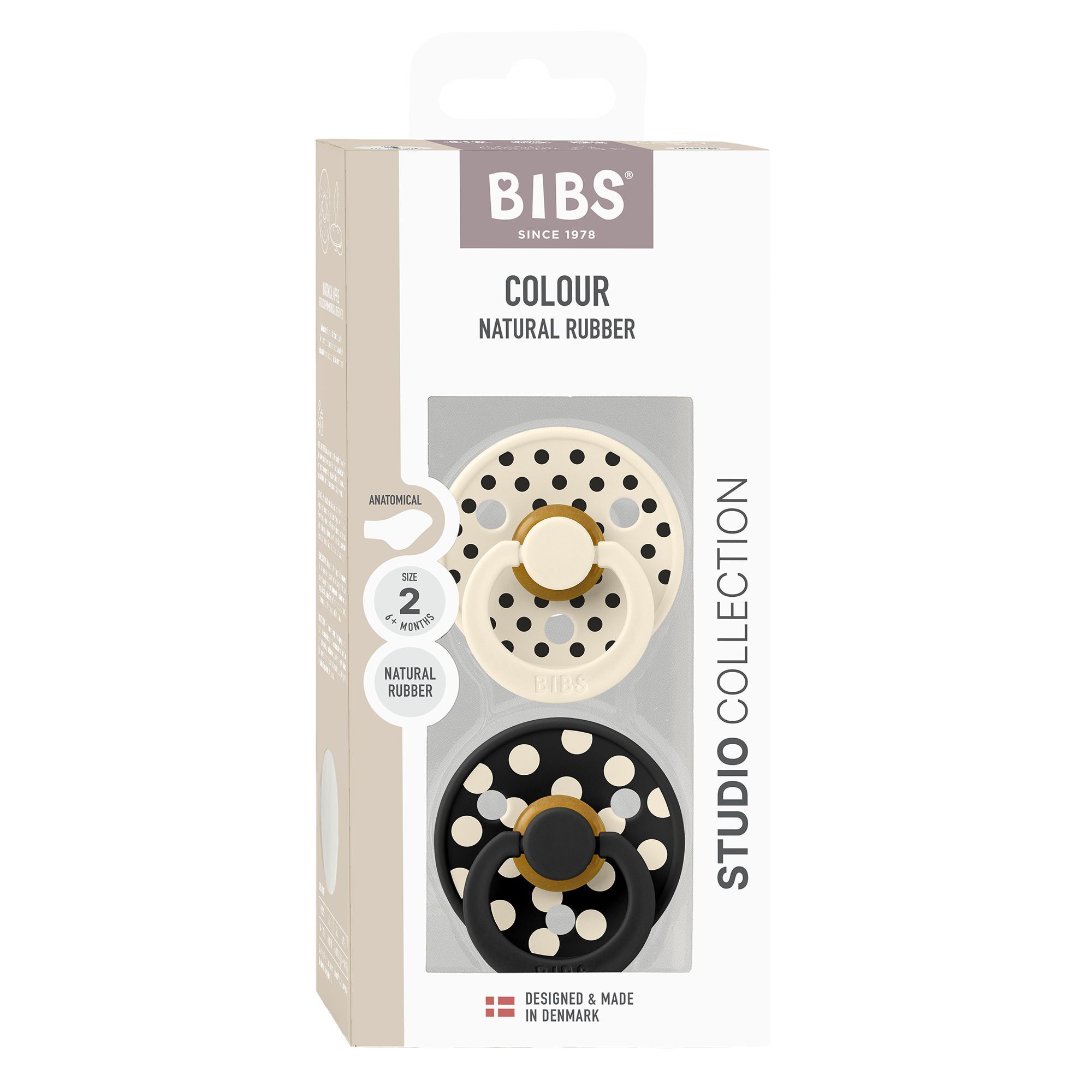 BIBS fopspen set: één crème en één zwarte met stippen, in verpakking.