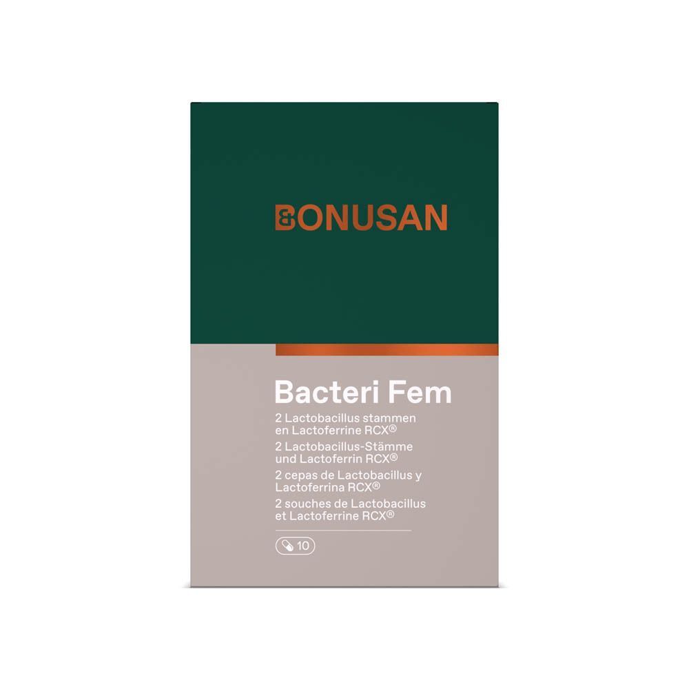 Bonusan Bacteri Fem verpakking met Lactobacillus-stammen en Lactoferrine RCX.