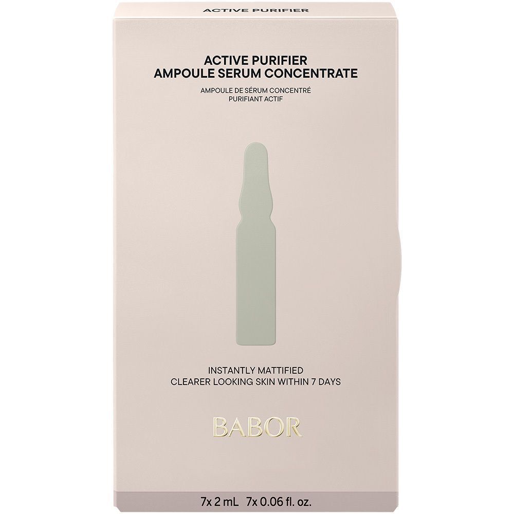 Verpakking van BABOR Active Purifier ampullen met productafbeelding en informatie.