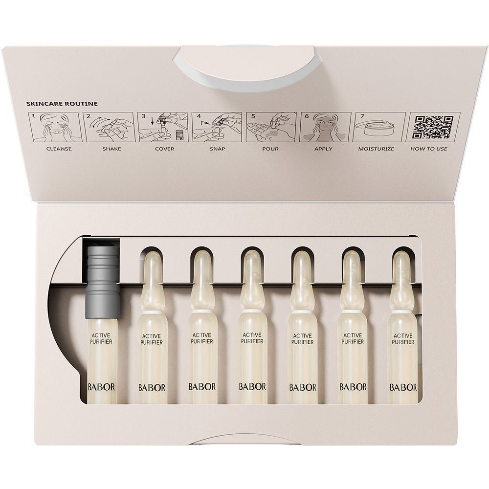 Geopende BABOR verpakking met zeven Active Purifier ampullen en applicatie-instructies.