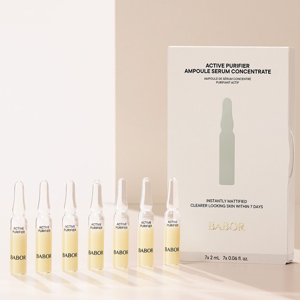 BABOR Active Purifier ampullen en verpakking op lichte achtergrond.