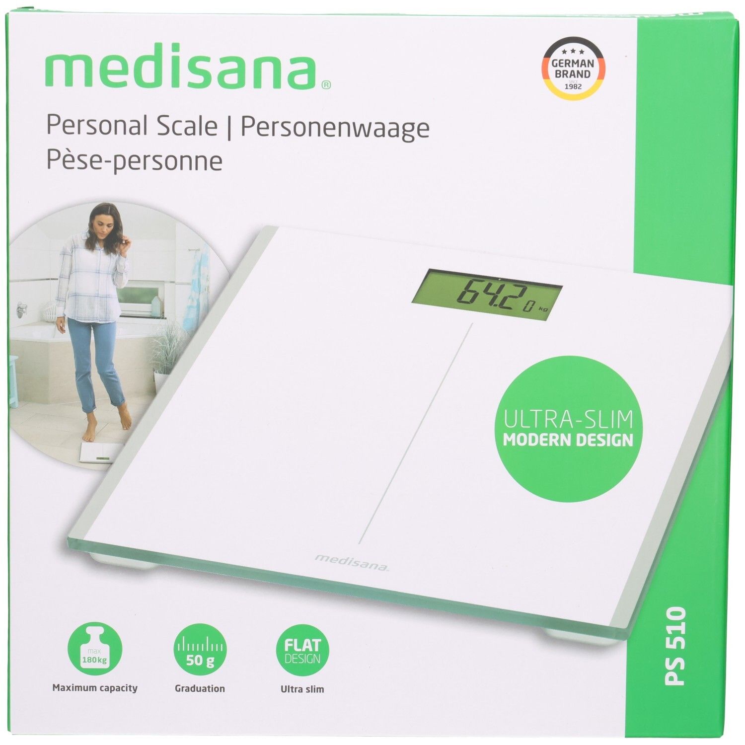 Weiße Personenwaage mit digitaler Anzeige (64.2 kg), flaches Design, Sicherheitsglas. "Ultra-Slim Modern Design".