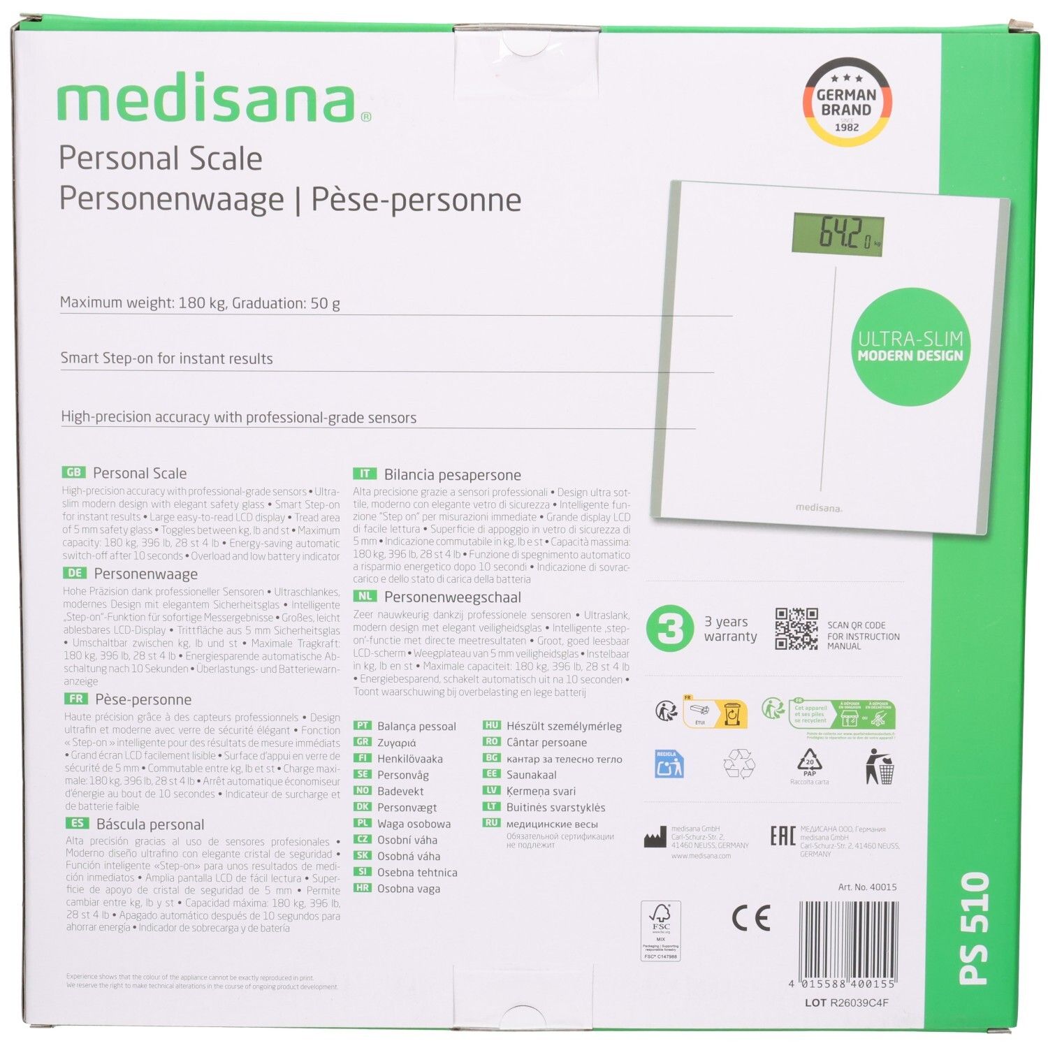 Rückseite einer Personenwaage-Verpackung mit technischen Details, Garantieinformationen und Zertifizierungen.