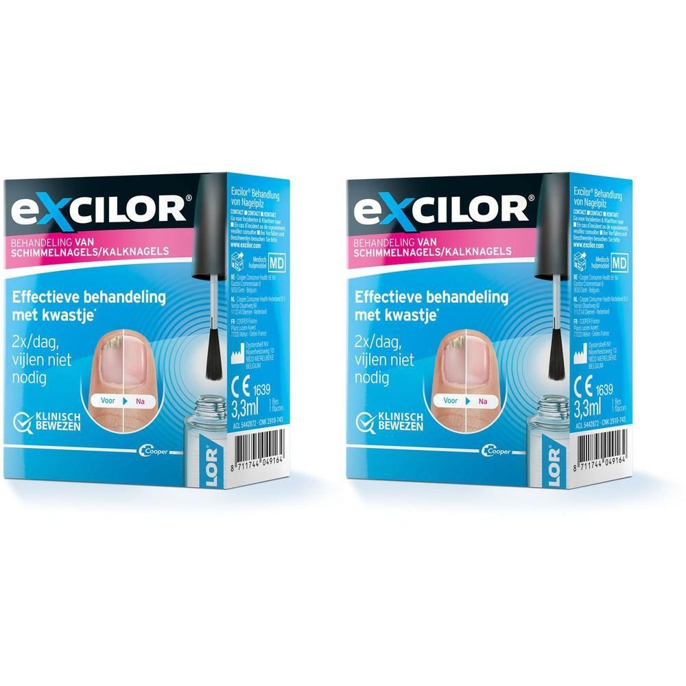 Packung Excilor Nagelpilz Behandlung mit Applikator und Siegel.