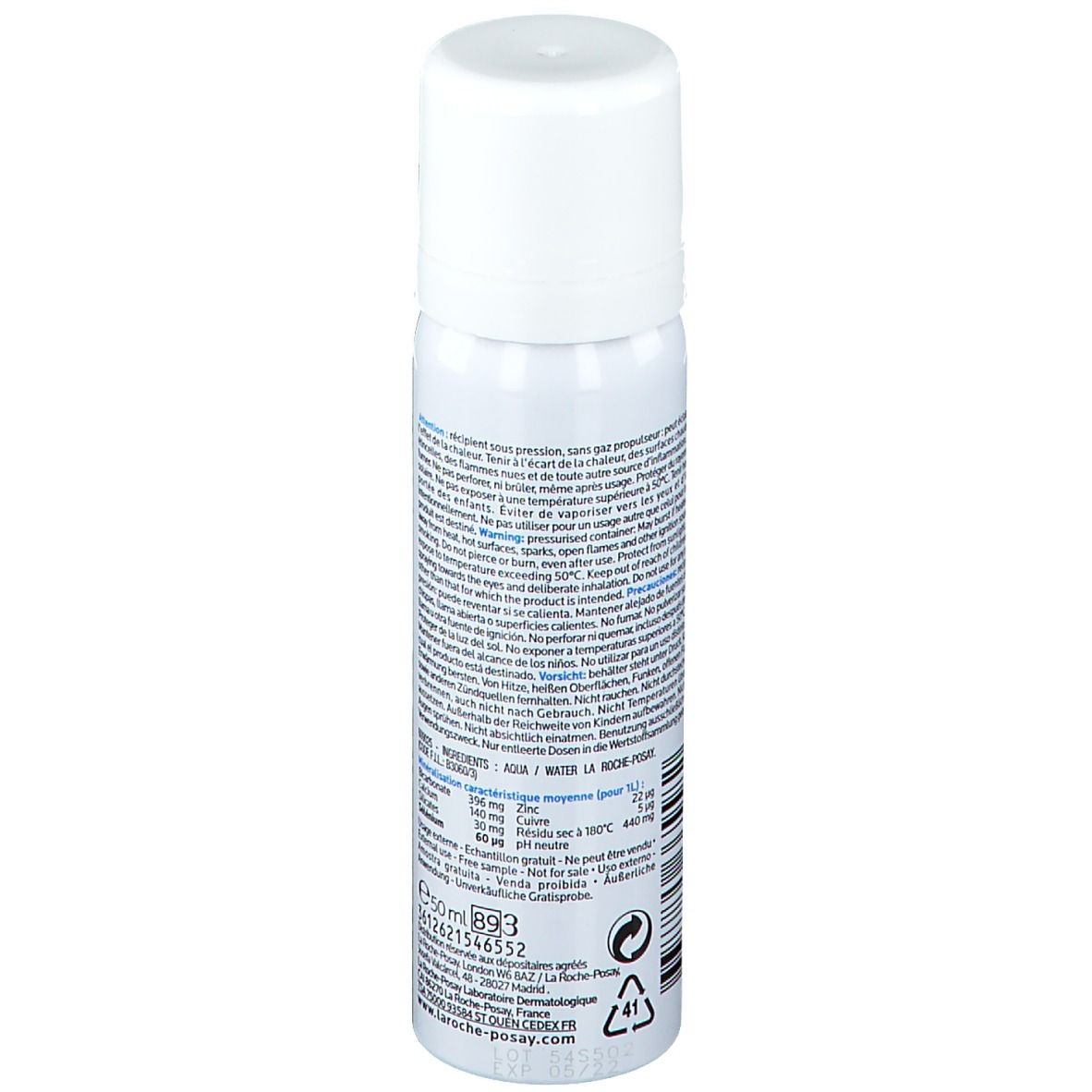 Weißes Spray, Rückseite mit Text und Informationen. 50 ml. Recycling-Symbol. Text: La Roche-Posay.