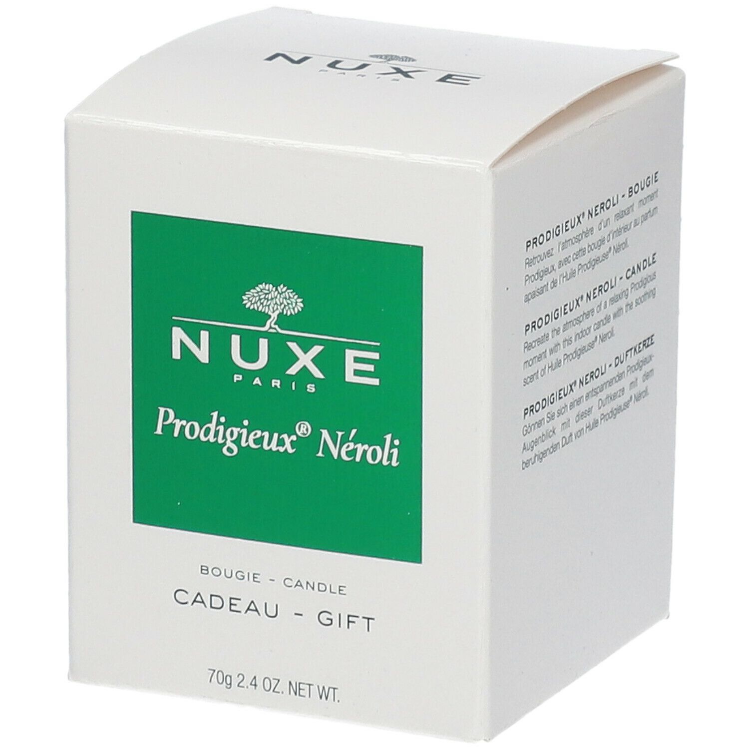 Boîte blanche avec encart vert. Inscription: Nuxe Prodigieux Néroli. Bougie-Candle-Cadeau-Gift. 70g 2.4 OZ. NET WT.