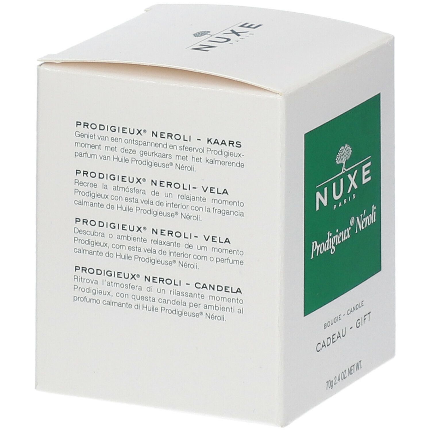 Boîte blanche, côté vert avec texte. Inscription: Nuxe Prodigieux Néroli. Texte en néerlandais, espagnol, italien, allemand.