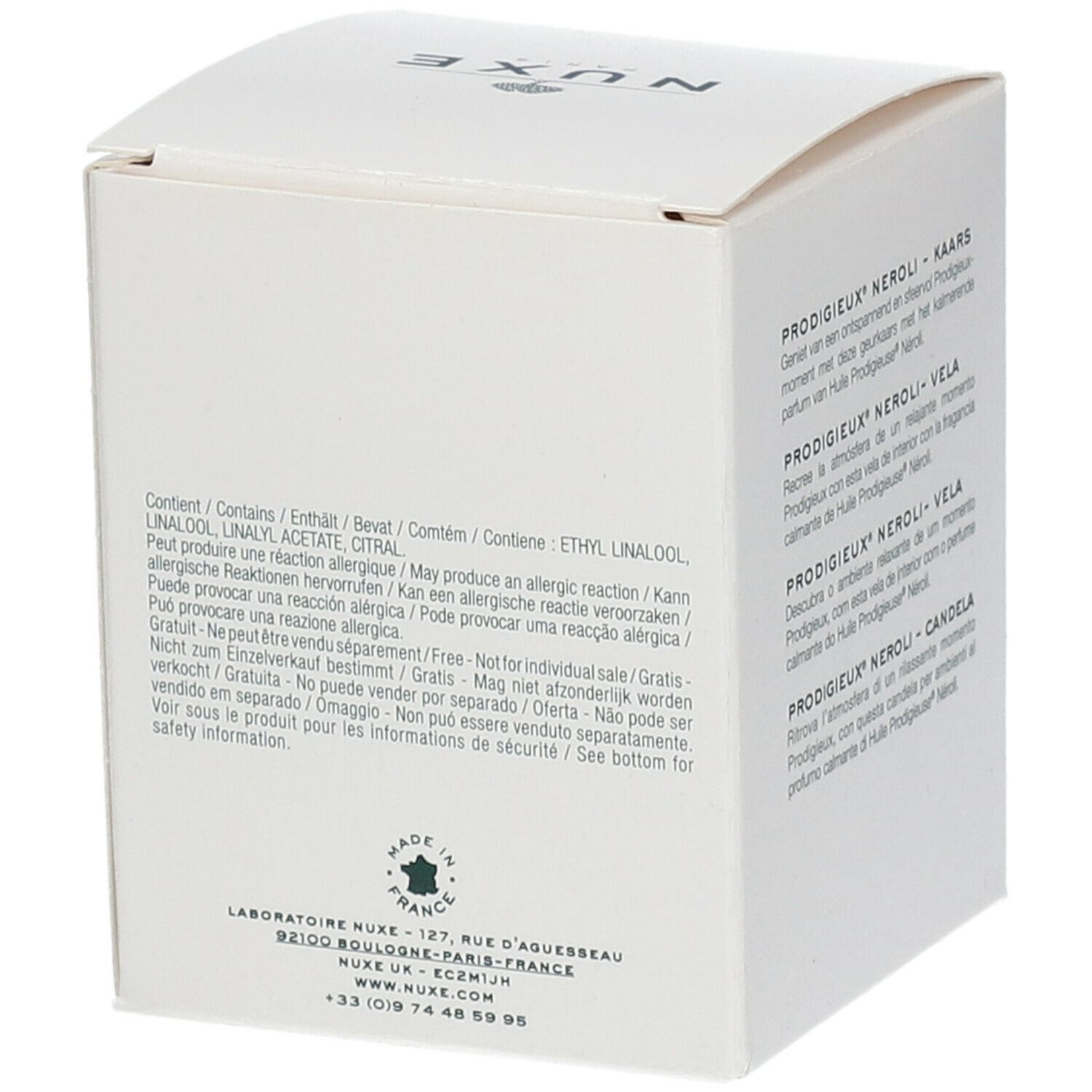 Boîte blanche avec texte. Inscription: Nuxe. Contient: Ethyl Linalool, Linalool, Linalyl Acetate, Citral. Fabriqué en France.
