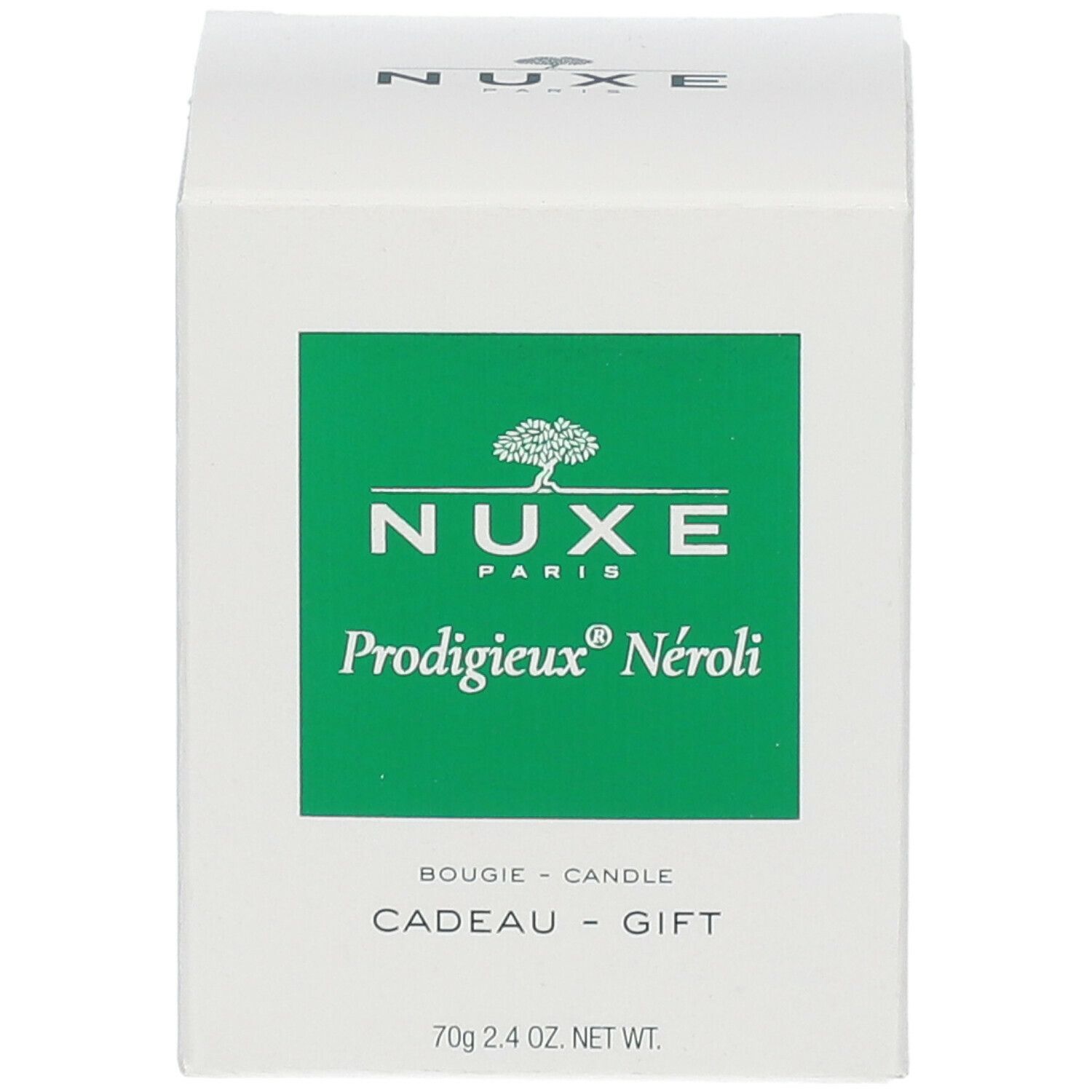 Boîte blanche avec encart vert. Inscription: Nuxe Prodigieux Néroli. Bougie-Candle-Cadeau-Gift. 70g 2.4 OZ. NET WT.