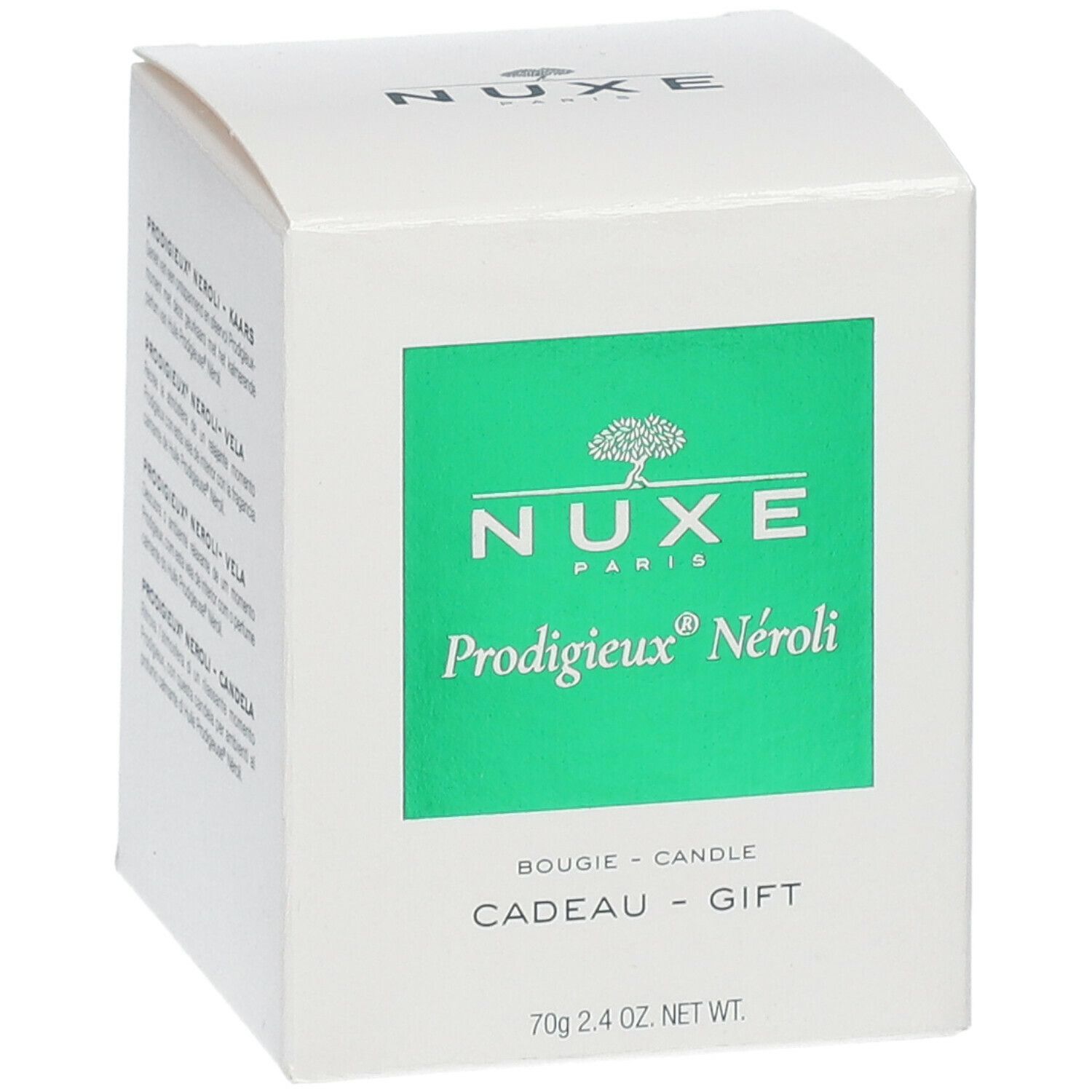 Boîte blanche avec encart vert. Inscription: Nuxe Prodigieux Néroli. Bougie-Candle-Cadeau-Gift. 70g 2.4 OZ. NET WT.