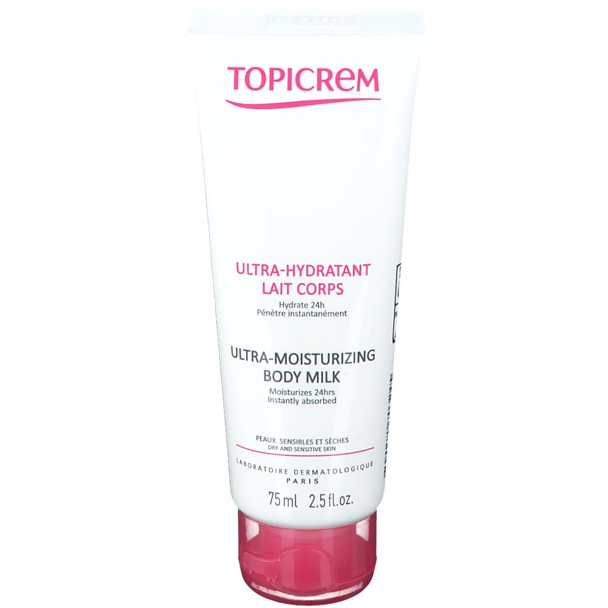 Tube blanc Topicrem Ultra-Hidratant Lait Corps. Inscription: Ultra-Hydratant Lait Corps, Ultra-Moisturizing Body Milk. Bouchon rose.