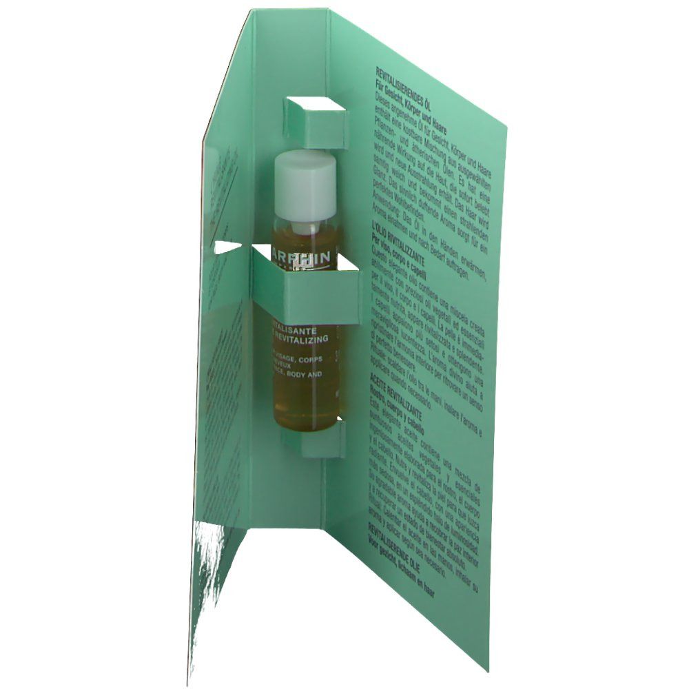Faltblatt mit Produkt. Darphin Ölflasche in Halterung. Text: Revitalisierendes Öl. Grün-weiße Verpackung.