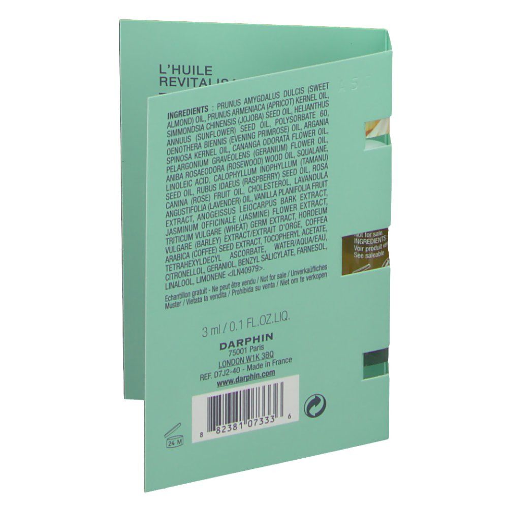 Faltblatt, Rückseite. Inhaltsstoffe und Produktinformationen. 3 ml/0.1 fl.oz. Darphin-Logo und Adresse.