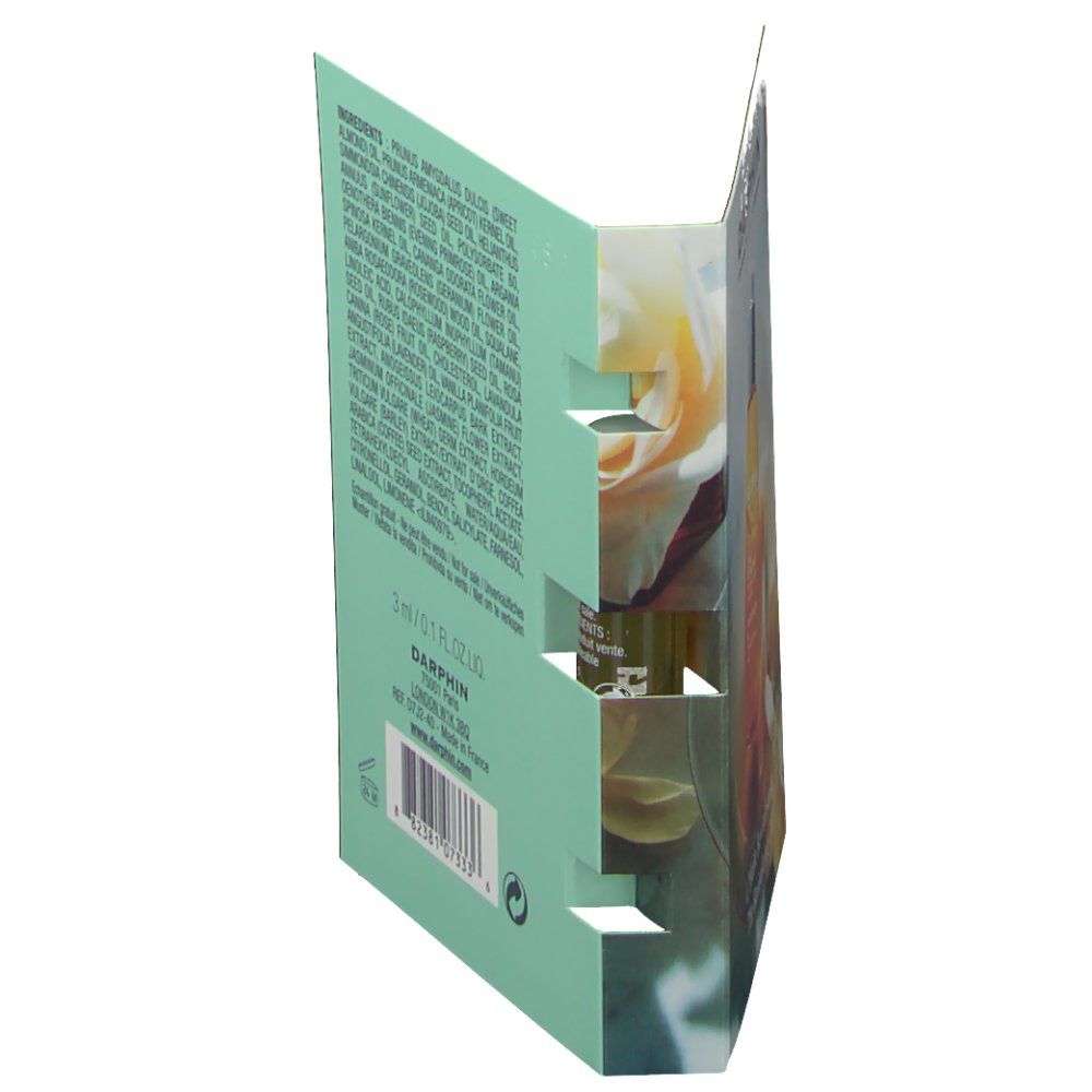 Faltblatt, Innenseite mit Inhaltsstoffen. Grün-weiße Verpackung. 3 ml/0.1 fl.oz. Darphin-Logo und Adresse.