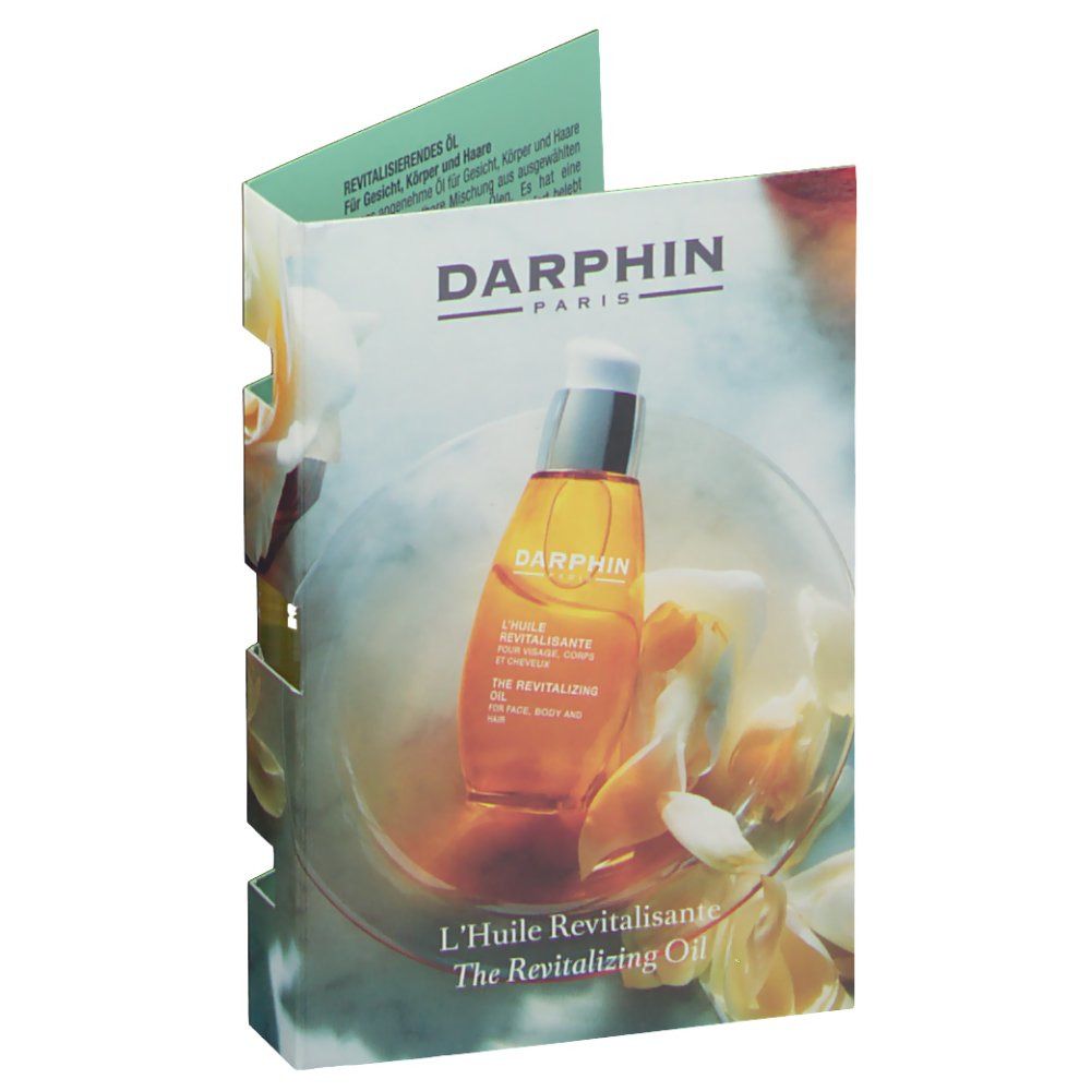Faltblatt mit Produktabbildung. Darphin-Logo und Produktname. Ölflasche in Schale mit Blüten.