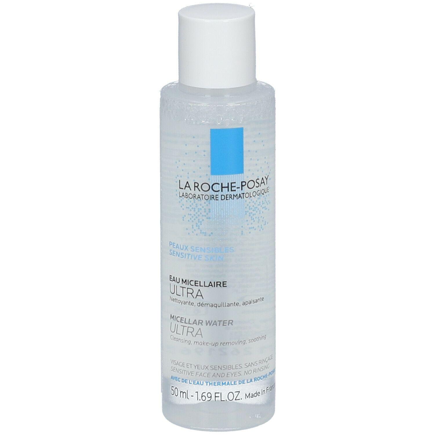 Klare Flasche mit weißem Deckel. Aufschrift: LA ROCHE-POSAY, ULTRA Mizellen Reinigungsfluid für reaktive Haut.