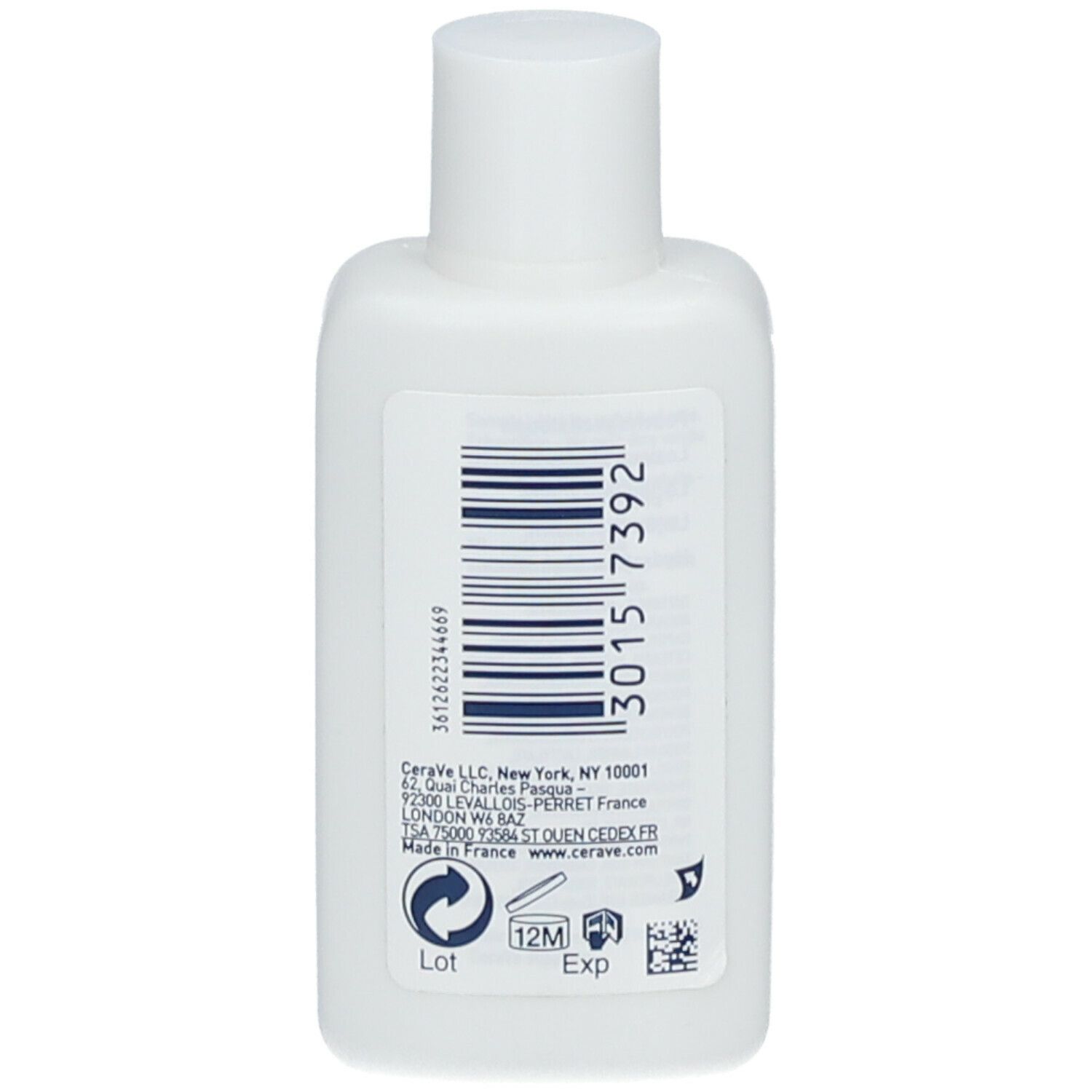 Dos d'un flacon blanc CeraVe. Code-barres et texte. Symbole 12M.