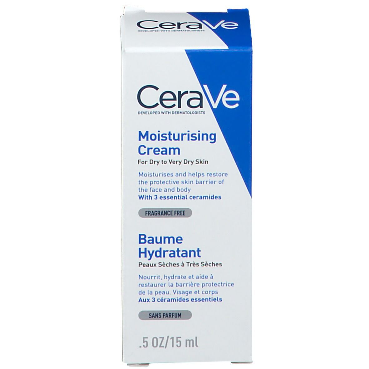 Boîte blanche CeraVe. Texte "Moisturising Cream" et "Baume Hydratant".