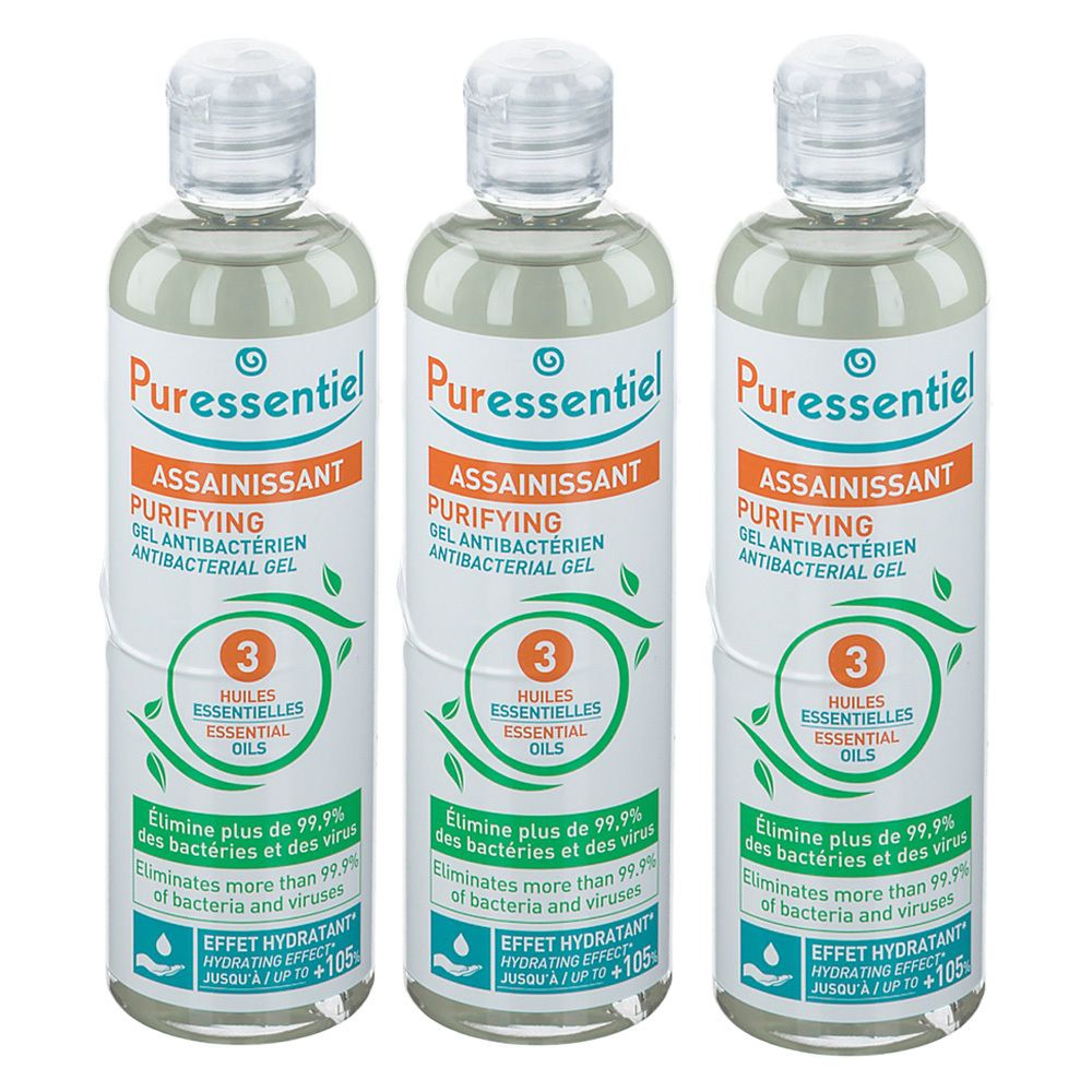 Drie flessen transparante gel. Opschrift: Puressentiel, Assainissant, Antibacteriële gel. Met 3 essentiële oliën.
