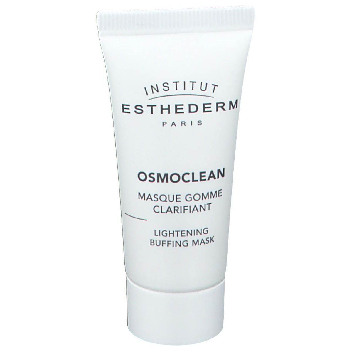 Tube blanc avec texte. Inscriptions: INSTITUT ESTHEDERM PARIS, OSMOCLEAN, Masque gomme clarifiant, Lightening Buffing Mask.