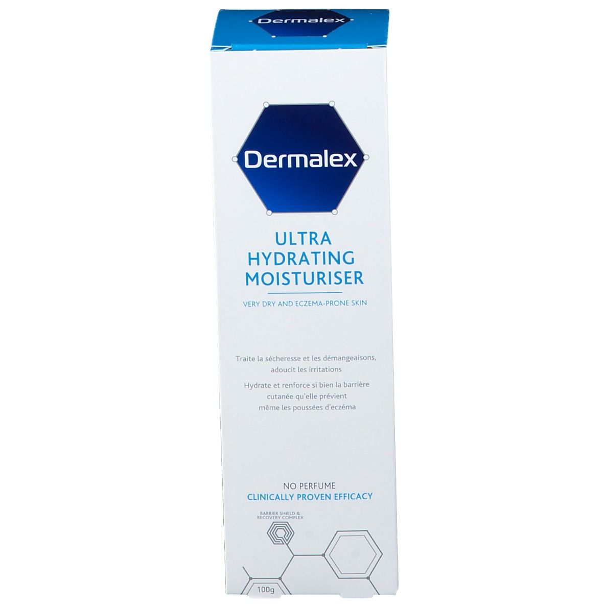 Witte doos met blauw Dermalex-logo en productnaam. Tekst: Ultra Hydrating Moisturiser, voor een zeer droge huid.