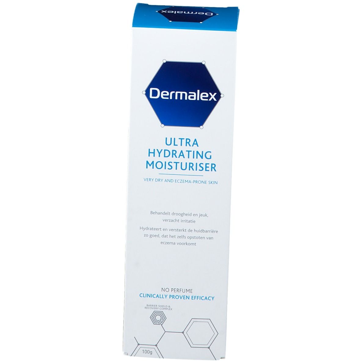 Witte doos met blauw Dermalex-logo en productnaam. Tekst: Ultra Hydrating Moisturiser, voor een zeer droge huid.