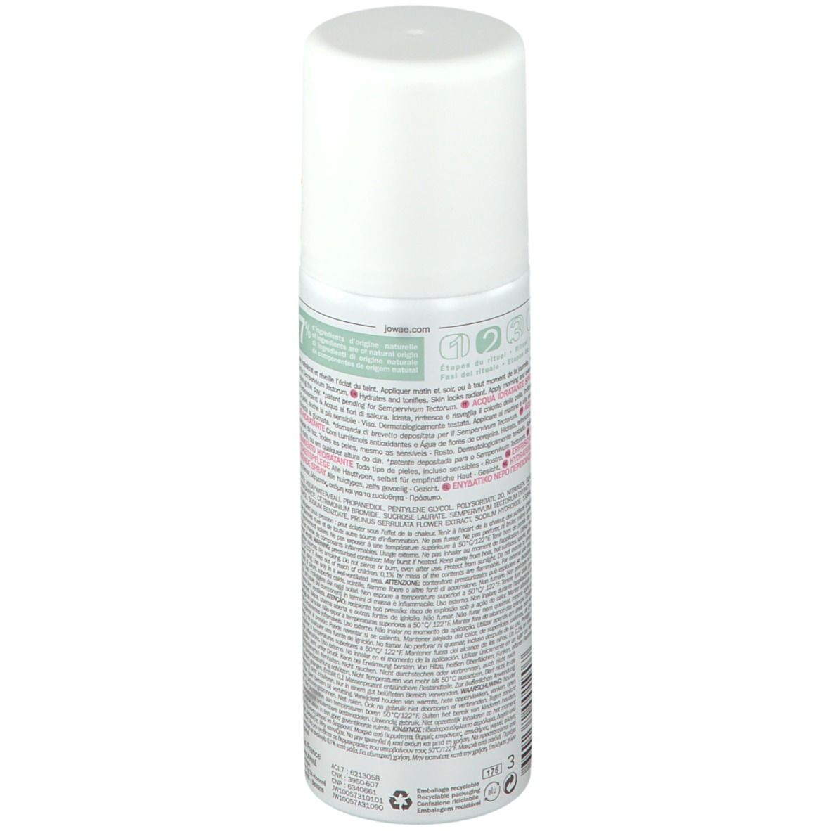 Dos du flacon spray blanc. Texte avec ingrédients et informations fabricant. Bouchon blanc.