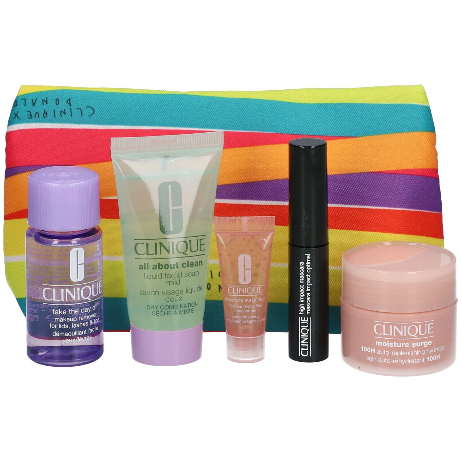 Ein Clinique-Set mit mehreren Produkten, darunter eine rosa Creme, eine schwarze Mascara und eine farbige Kosmetiktasche.