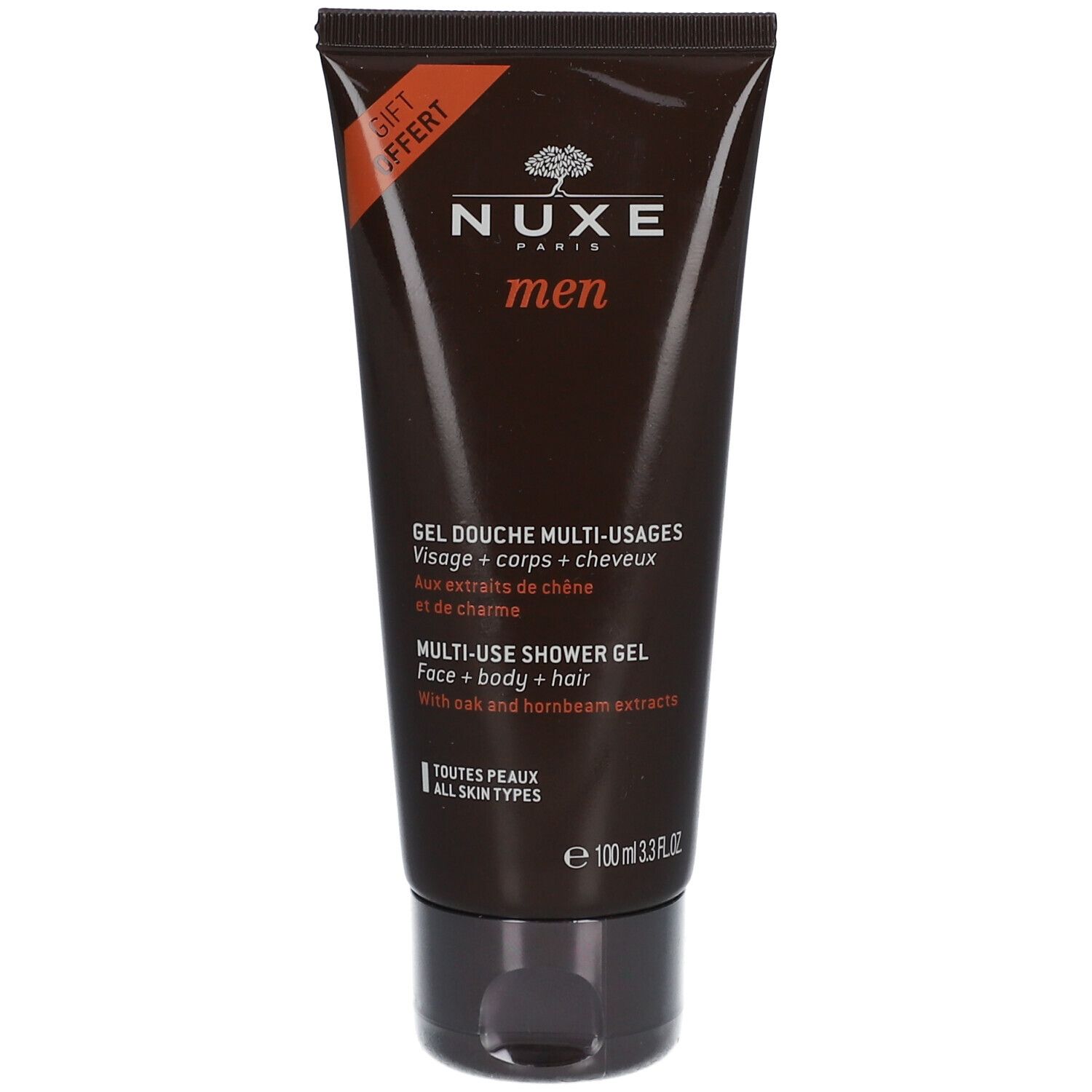 Tube marron avec bouchon noir. Inscription: NUXE men, Gel Douche Multi-Usages, Multi-Use Shower Gel. Pour tous types de peaux.