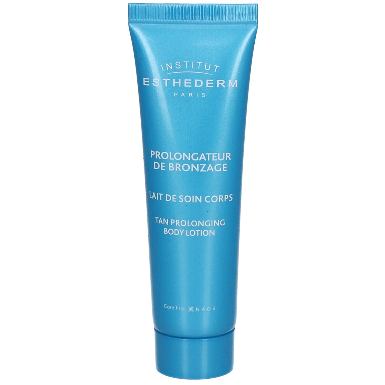 Blauwe tube met tekst "Institut Esthederm" en "Prolongateur de Bronzage".
