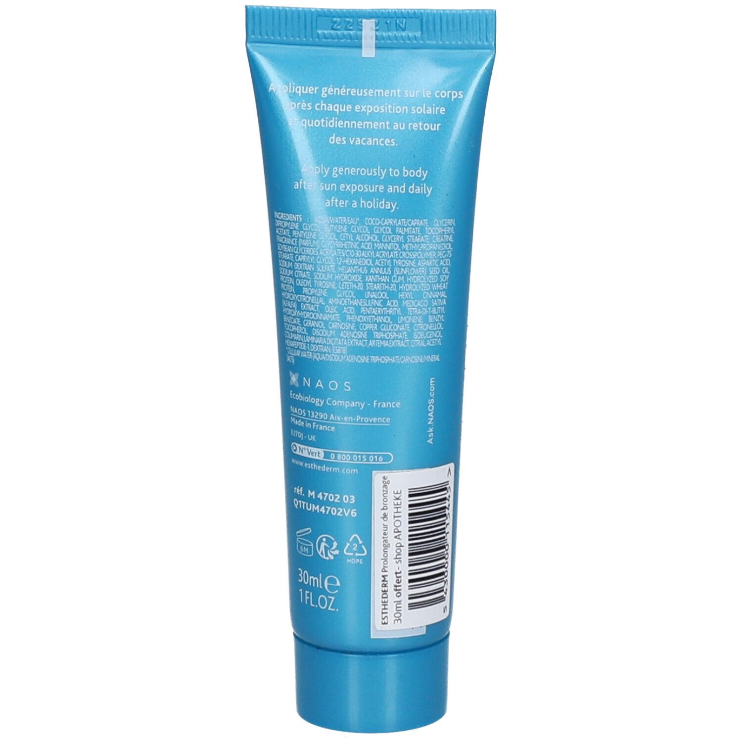 Achterkant van de blauwe tube met tekst en barcode. "30ml 1FL.OZ" zichtbaar.