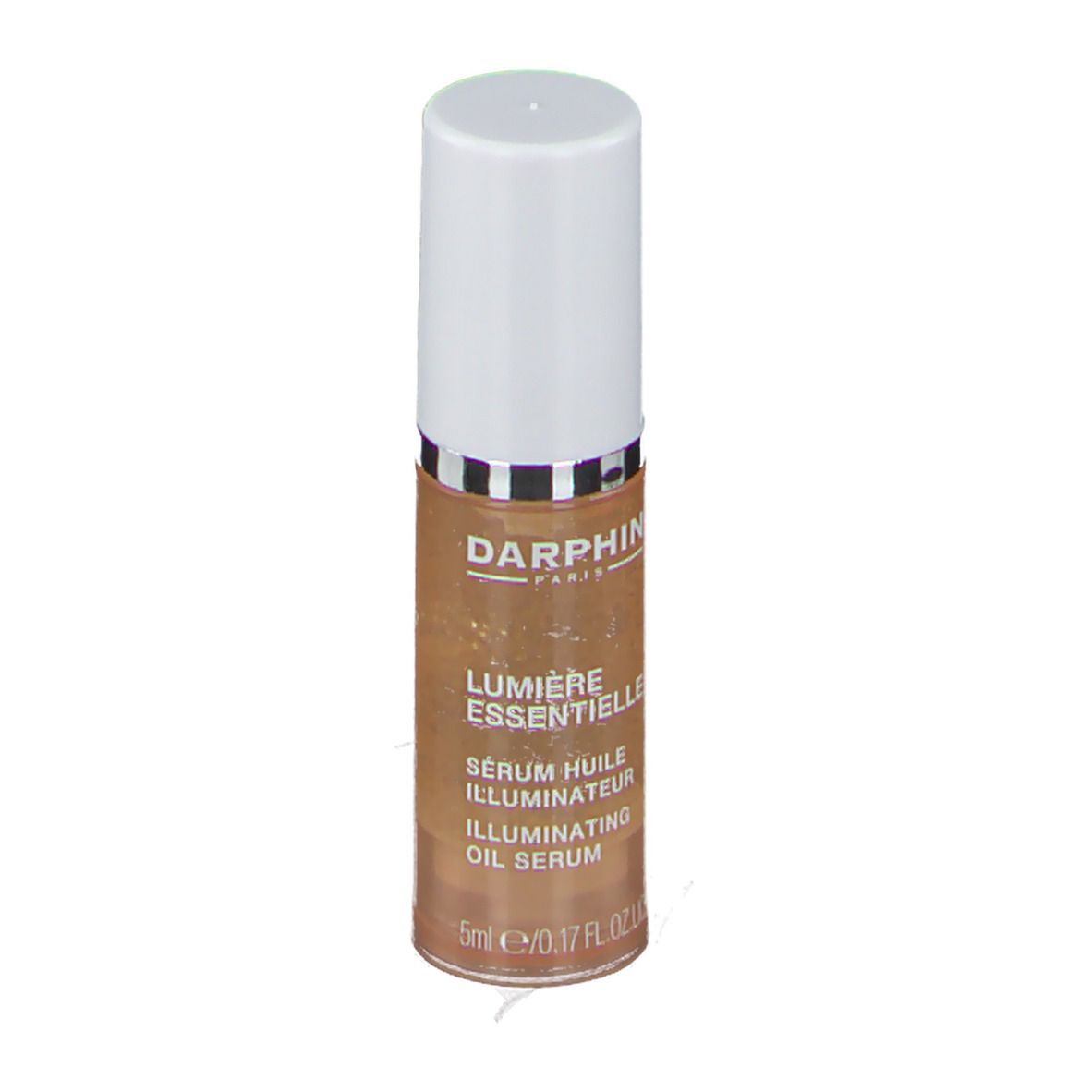 Sérum huile illuminateur Darphin Lumière Essentielle. Flacon en verre marron, bouchon blanc. Texte: Lumière Essentielle, Illuminating Oil Serum.